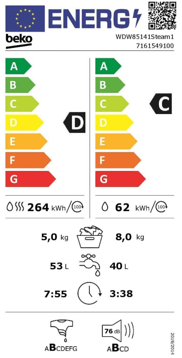 Пералня със сушилня Beko WDW85141Steam1